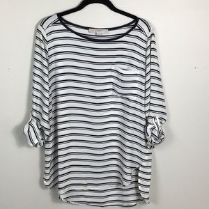 Ann Taylor LOFT Black & White stripe long roll sleeve pocket tee